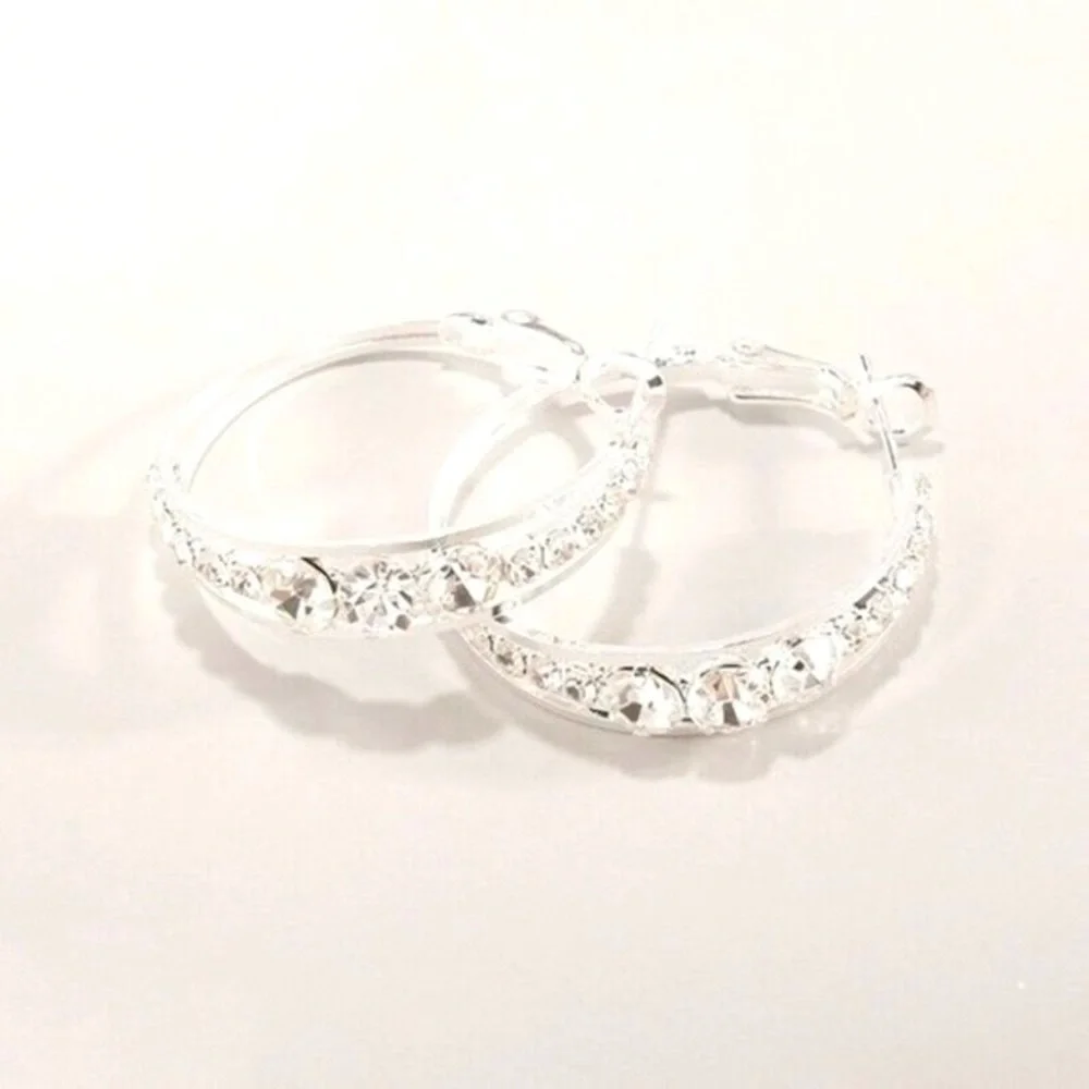 New 925 Silver Sim. Diamond Wide Hoop Earrings